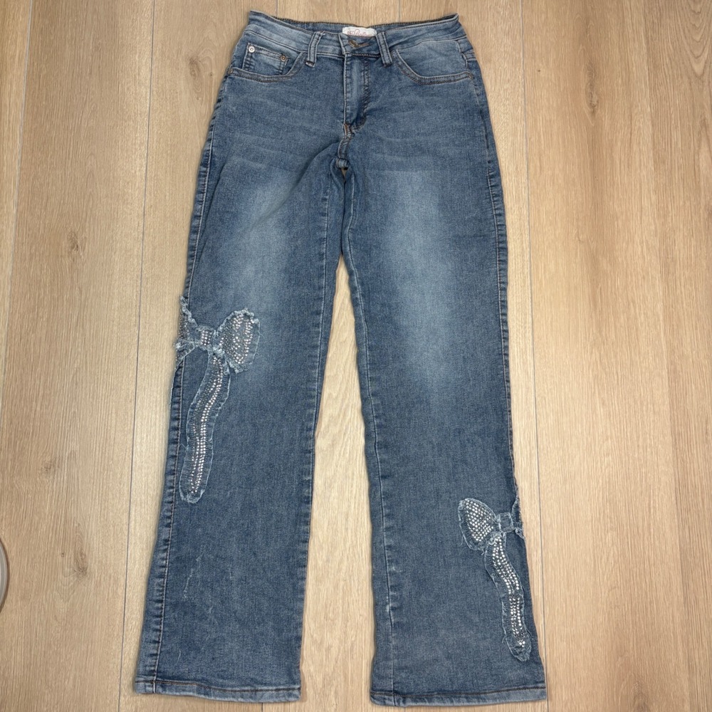 Red Bottoms Y2K Jeans Light Wash Rhinestone Bow Bootcut Denim Womens 7/28